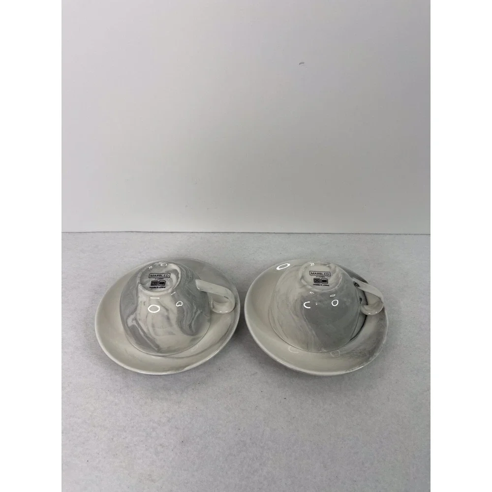 Ciroa Marbled Demitasse  2 Espresso Cups and Saucer set Gray Black White